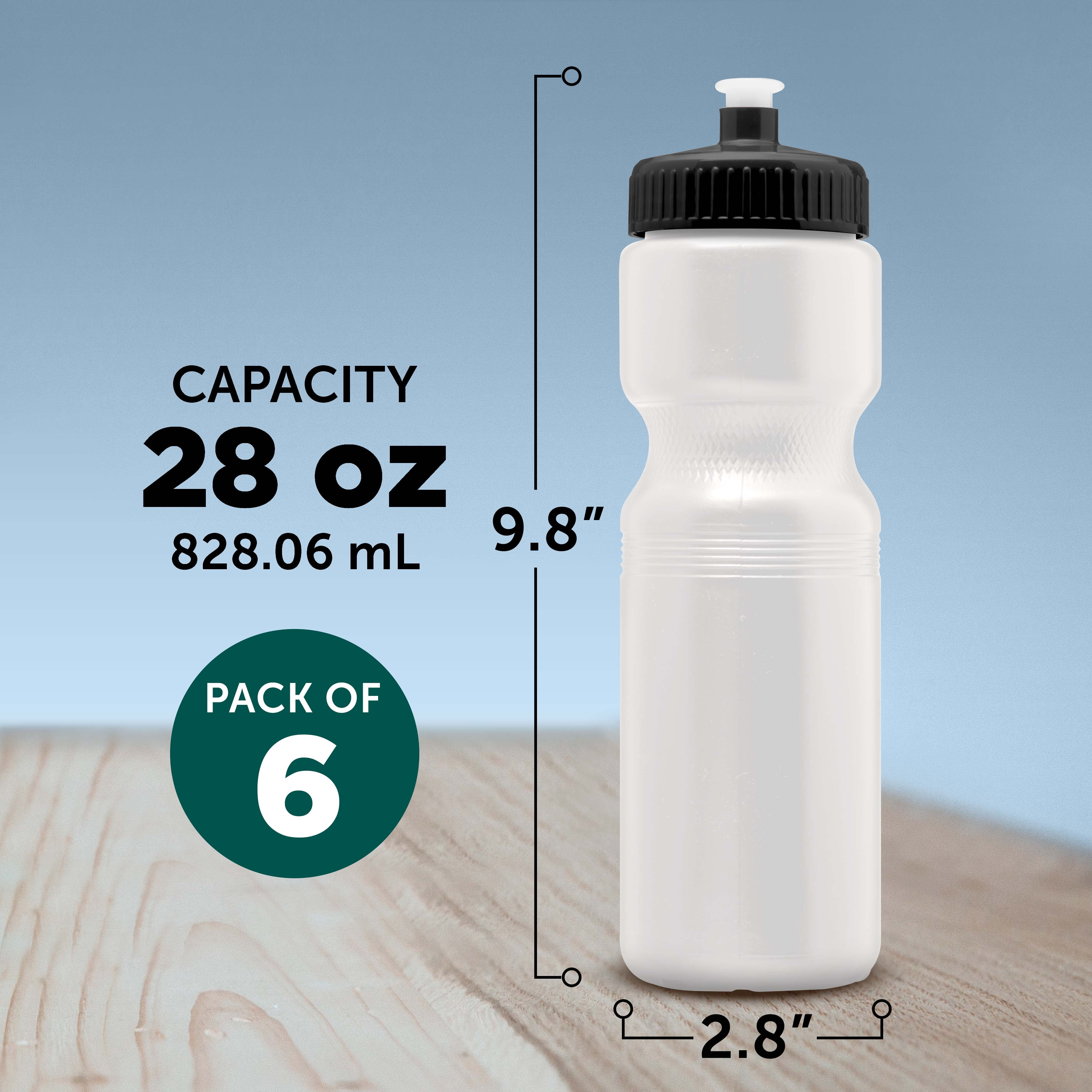 Water Bottles with Push Cap 28 oz. Set of 6, Bulk Pack - Reusable, Great for Gym, Hiking, Cycling, School - White