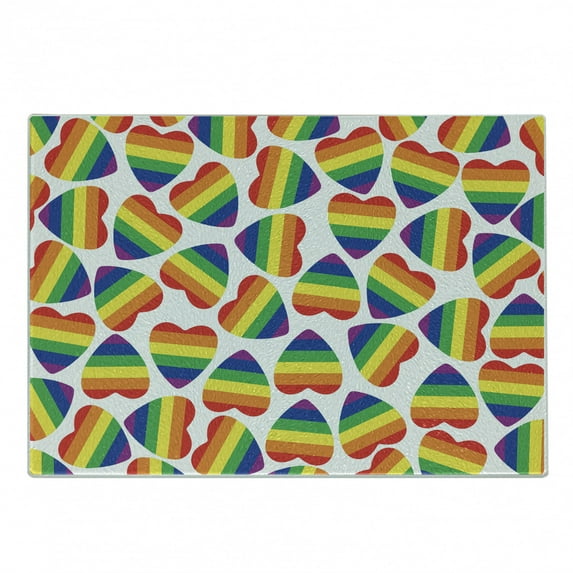 Pride Cutting Board, Heart Shapes in LGBT Colors Striped Design with Homosexuality Liberation Theme, Decorative Tempered Glass Cutting and Serving Board, Small Size, Multicolor, by Ambesonne