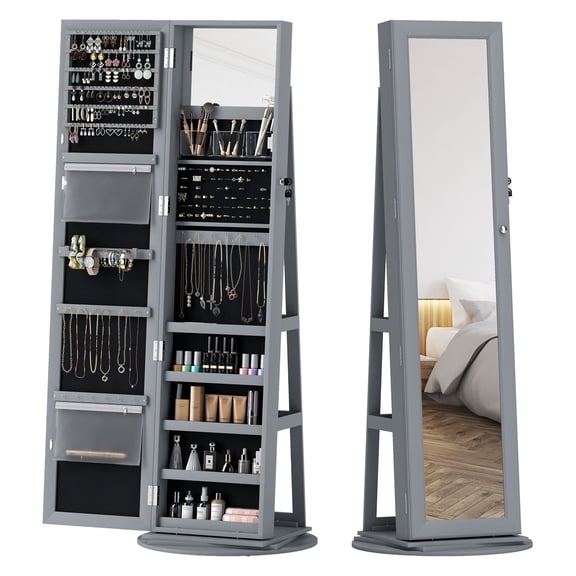 Jewelry Armoire, 360° Swivel Lockable Jewelry Cabinet w/ Full-Length Mirror - Gray