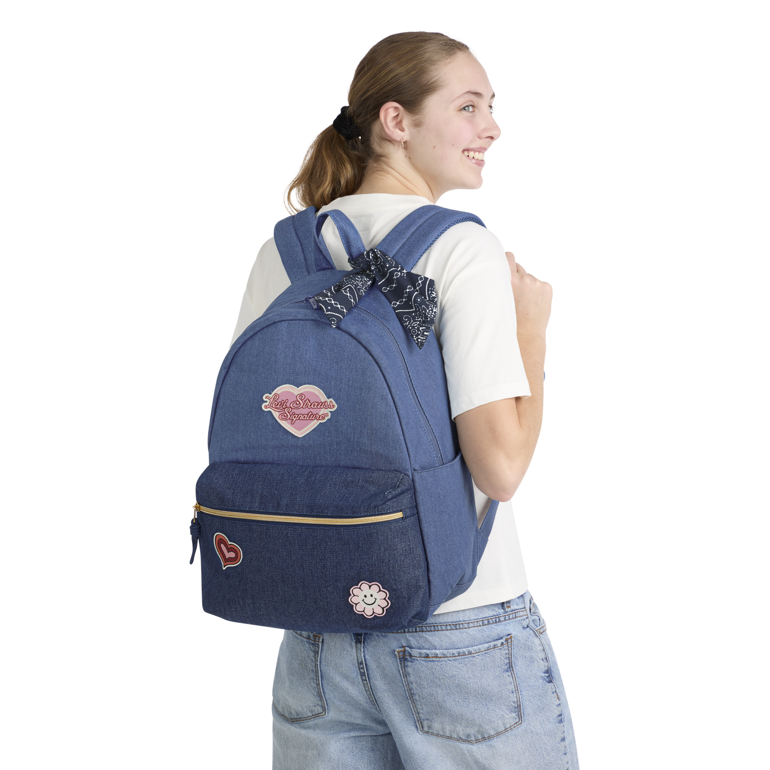 Levi Strauss Signature 17" Women's Adult Denim Patches Dome Backpack, Good Guy Blue