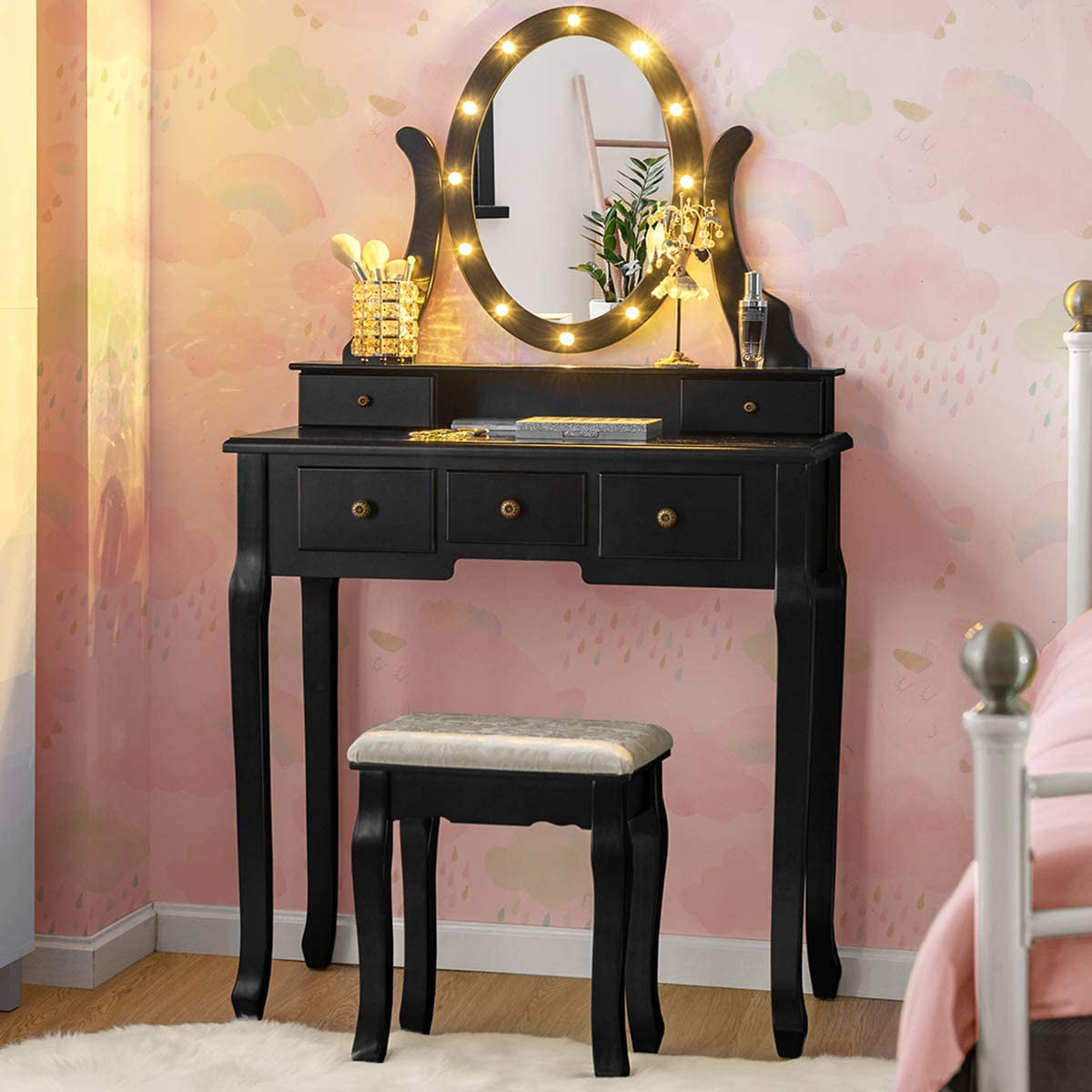 Details about   Vanity Makeup Table Set Folding Mirror 5 Drawers W/ Stool Stylish Dressing NEW 