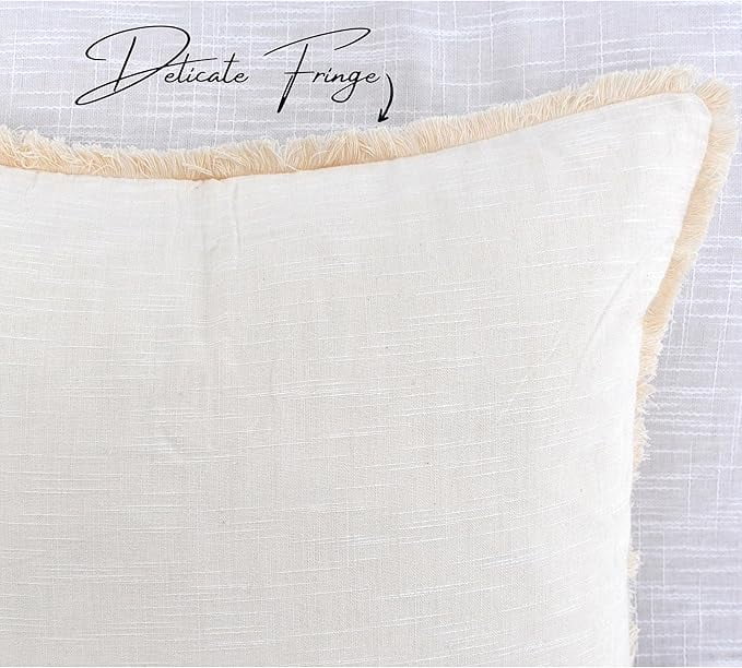 22×22 Cream White Decorative Fringe Organic Cotton Throw Pillow Covers Boho Farmhouse Cushion Cover with Tassels Linen Like Textured Accent Pillowcases for Bed Couch Chair Sofa Living Room Set of 2