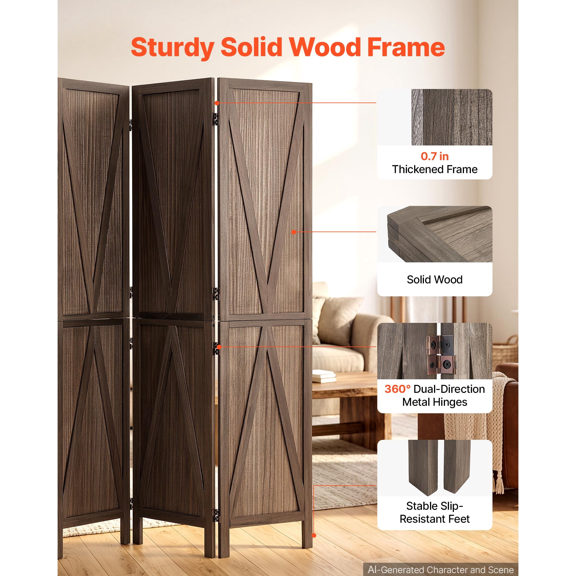 KFFKFF 4-Panel Wooden Room Divider with X Pattern, Folding Privacy Screen for Home Decor and Room Separation, 67 Inches Tall, Solid Frame, 360° Two-Way Hinges, Rustic Wooden Partition with Hardware