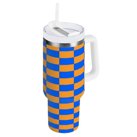 

30oz Travel Mug with Straw Car Bottle Insulated Mug with Handle Reusable Stainless Steel Water Bottle for Car Travel Home Orange Blue Checkered