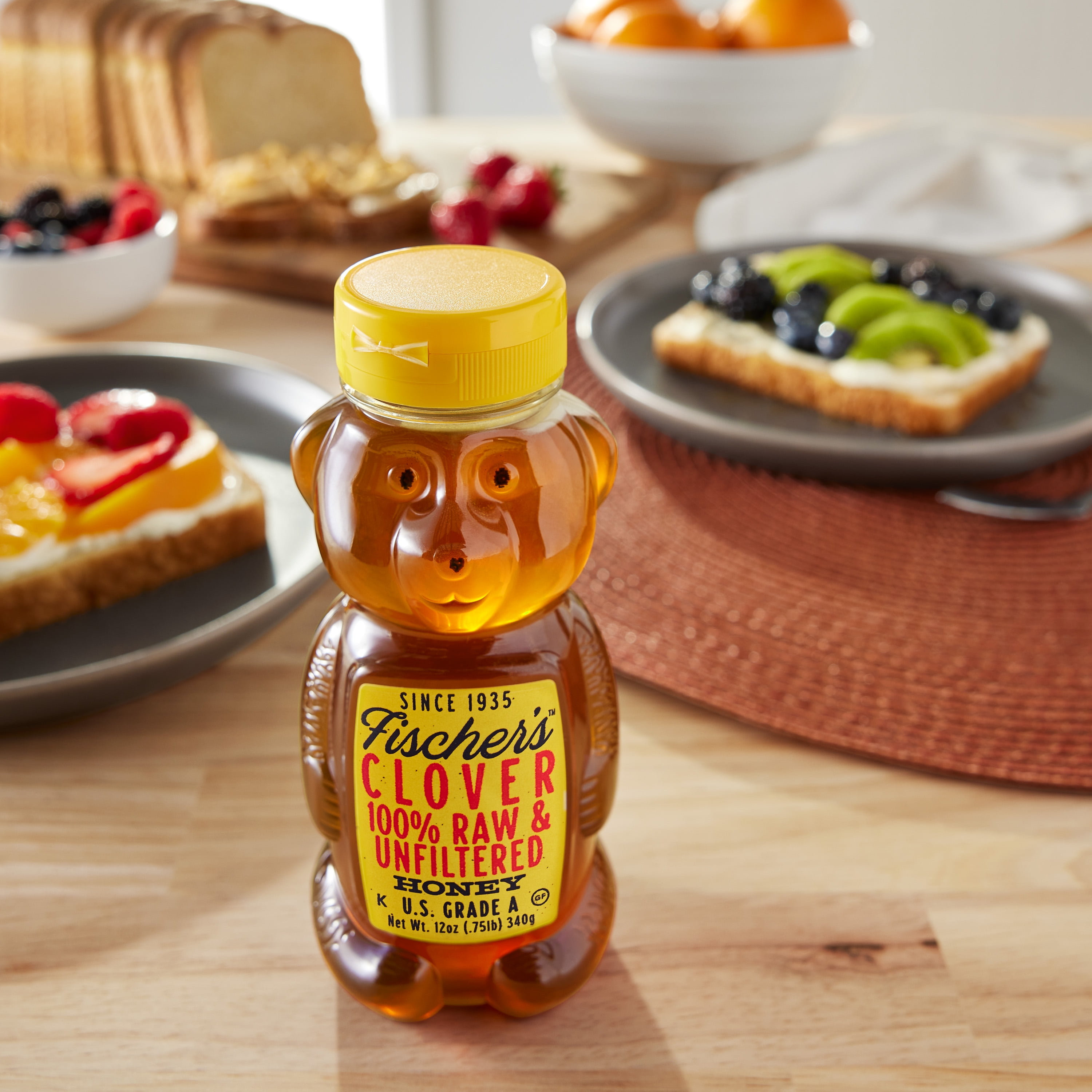 Fischer's Honey Bear 12oz, Clover Honey, Raw, Unfiltered, 100% Pure, Bear Squeeze Bottle