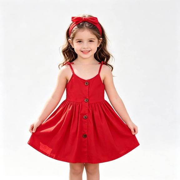Tfken Soft Dresses Girls Comfy Holiday Travel Girls Dresses Casual Solid Color Sleeveless Button Fashion Toddler Cute Clothes Size 3-4 Years