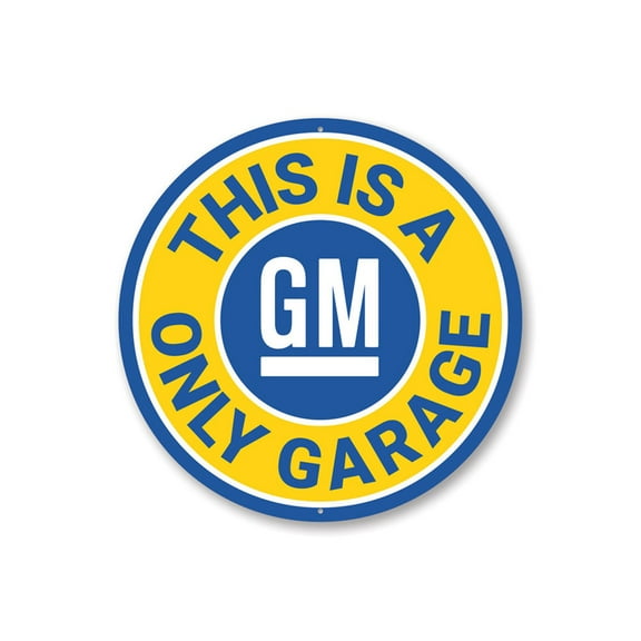 This is a GM Only Garage Car Sign, Chevy Sign, Novelty Car Sign, Garage Aluminum Metal Decor Sign - 12" Round