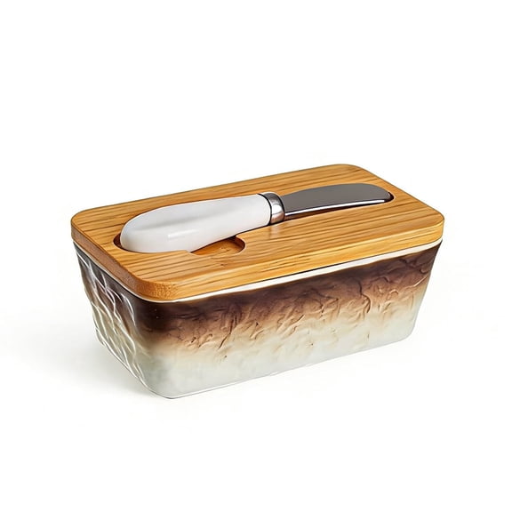 YUN TAO Ceramic Butter Dish with Wooden Lid, Large Butter Container Keeper Storage with Stainless Steel Knife Spreader, Bamboo Cover and Silicone Sealing Ring, Brown
