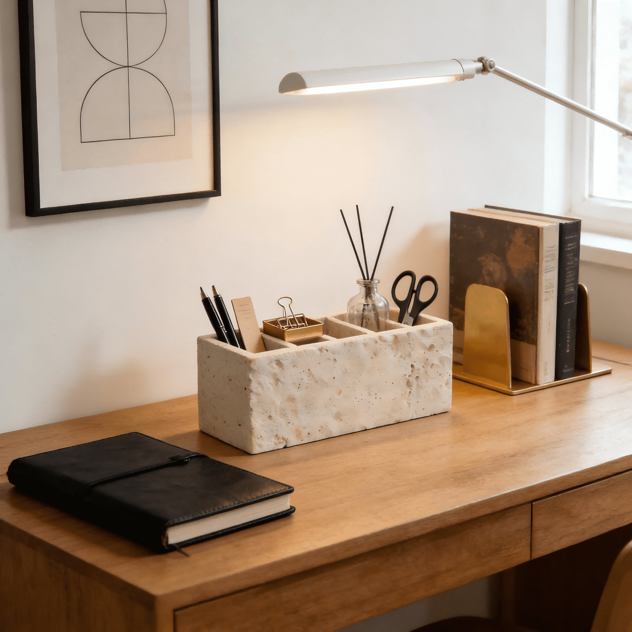 Marble Desk Organizer 5 Compartment Pen Holder, Calacatta Viola Natural Stone Box, Multi-Purpose Storage Caddy for Desk, Bathroom Vanity & Home Office