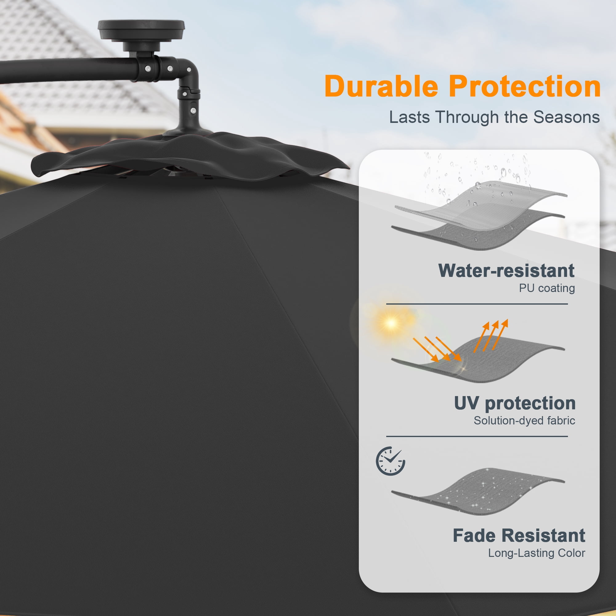 ACEGOSES 10ft 32 LED Outdoor Patio Offset Umbrella, Solar Lighted Hanging Umbrella with 8 Ribs for Desk,Garden,Yard,Black