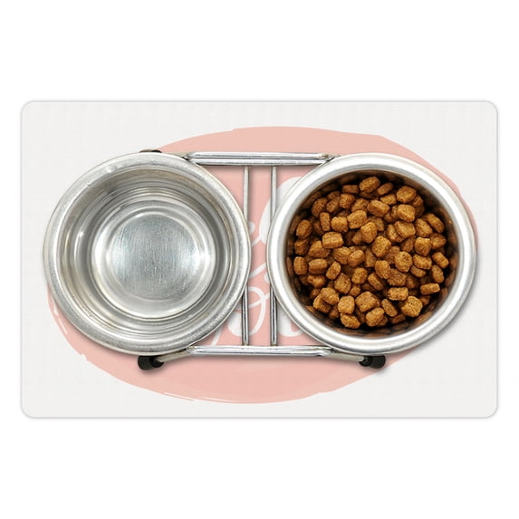 Hello World Pet Mat for Food and Water, Print of Hand Written Looking Calligraphy on Pastel Round Background, Non-Slip Rubber Mat for Dogs and Cats, 18" X 12", by Ambesonne