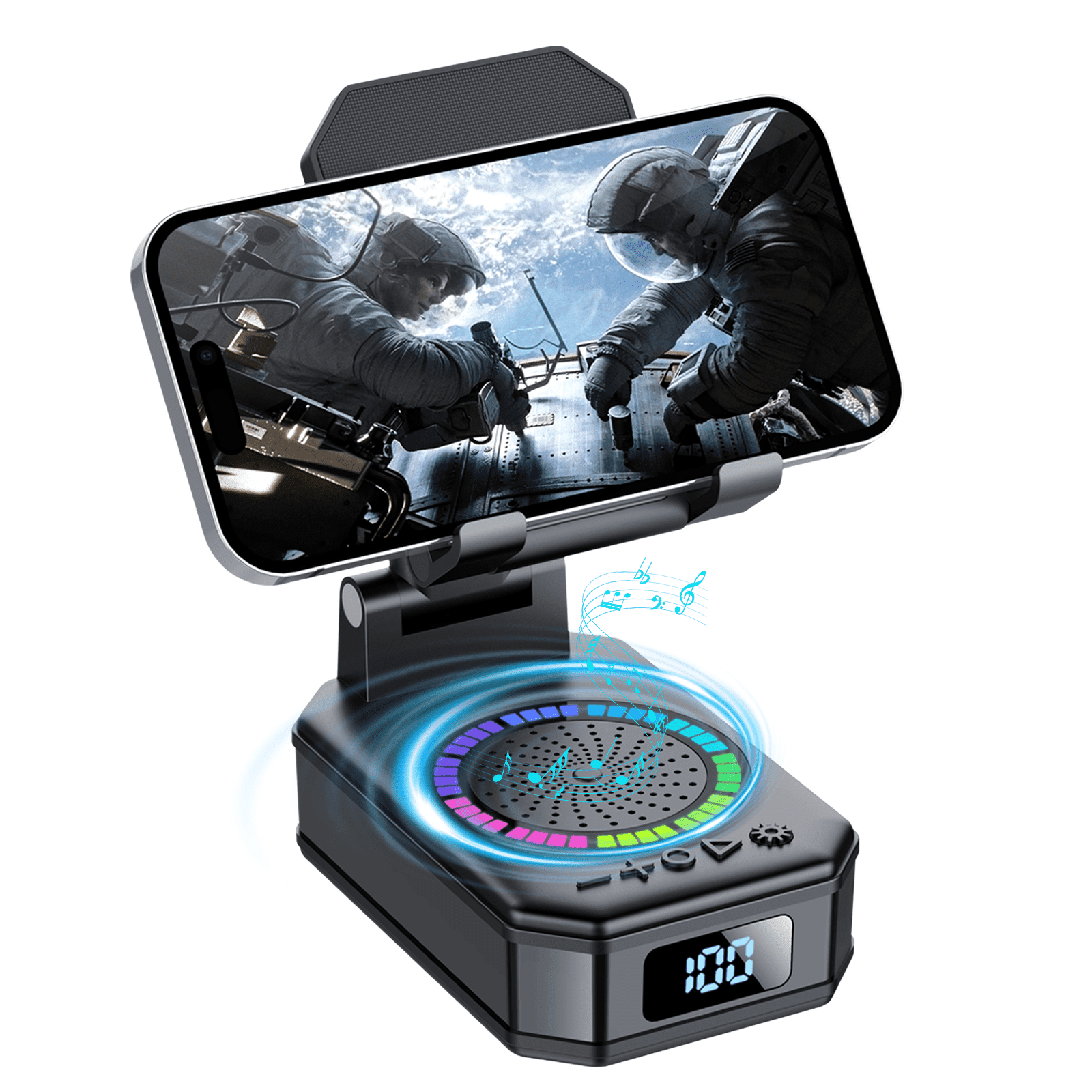 Cillso Phone Stand with Bluetooth Speaker, Gifts for Men Women, Foldable Adjustable Desktop Phone Holder with HD Stereo Sound & LED Lights, 4-in-1 Tech Gadget Compatible with iPhone, Android & iPad