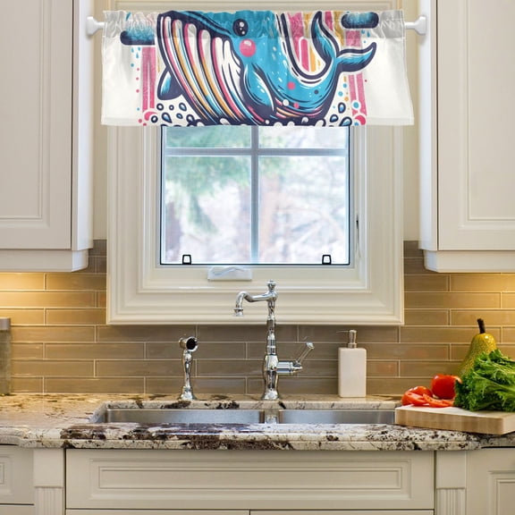 Whale Wave Cute Curtain Valances Farmhouse Design Window Treatment Decor Blackout Rod Pocket for Windows Living Room Kitchen 54" x 18"