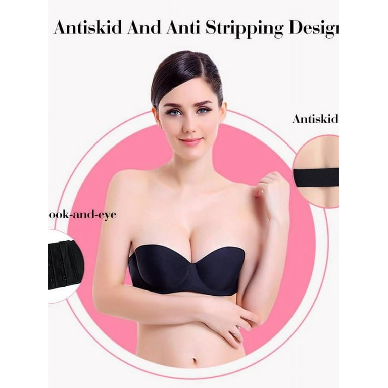 Women Lift Demi Strapless Bra,Smoothing Clear Back Strap Push Up Bras  Invisible Support Bra 2 Strap Beauty Back Wirefree Bra for Evening Dress  Backless Sexy Dress Tube Top Bra Chest Wrap,Black 