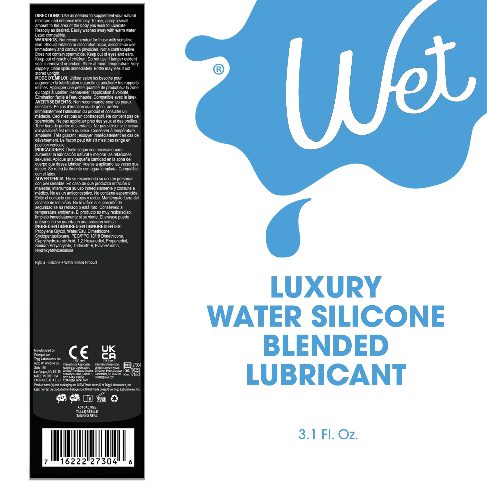 Wet Cool Tingling Hybrid Silicone & Water Blend Based Lube, Long Lasting Luxury Personal Lubricant, 3.1oz