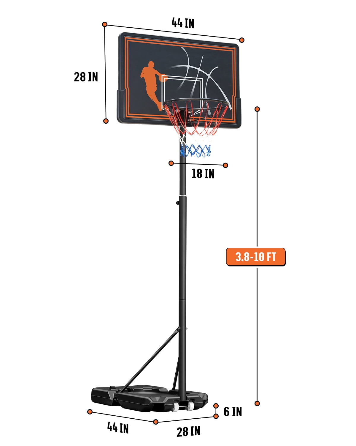 SERAY Basketball Hoop with 44 inch Backboard and 2 Wheels, Basketball Hoop Outdoor 3.8-10 feet Adjustable Height for Kids/Adults Outdoor/Indoor Sports