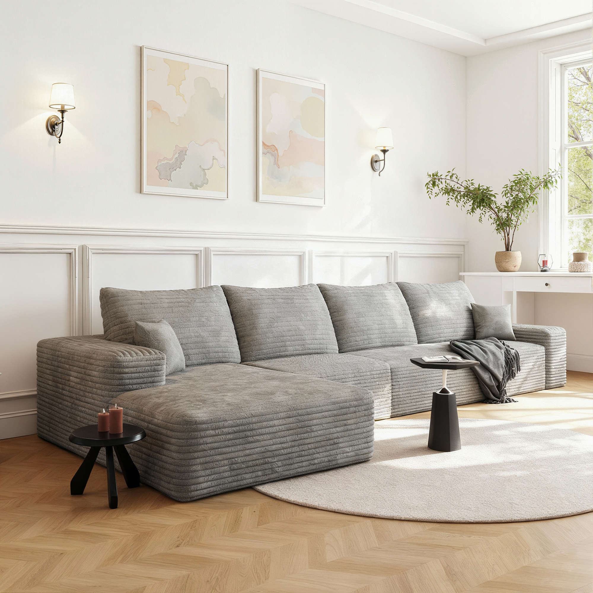 MAYEERTY 135" Cloud Sectional Couch with L-Shape Chaise, Modern Modular Deep Seat Sofa, No Assembly Plush Corduroy Fabric, Gray (3 packages)