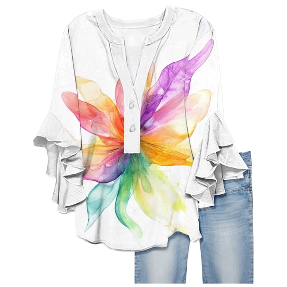 Summer Blouses For Women Floral Print Shirts 3/4 Sleeve V Neck Pleated Front Blouse Tops Summer Casual T-shirt