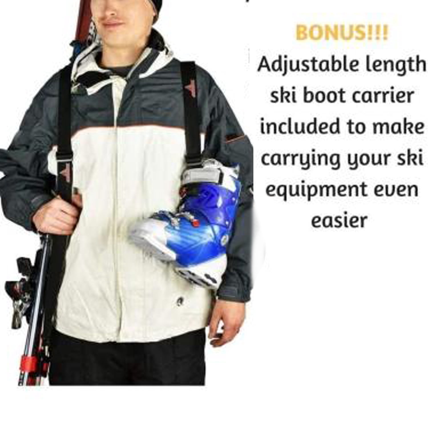 Ski Carrier Strap 2-Pack with Padded Hook-and-Loop – Adjustable Ski & Pole Carry Strap with Shoulder Sling – Includes Bonus Ski Boot Carrier – Compact Snow Gear Accessory