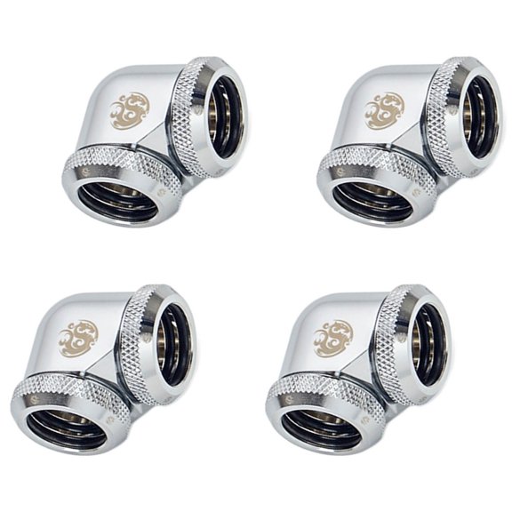 Bitspower Dual Enhance Multi-Link Adapter Fitting for 16mm OD Rigid Tubing, 90 Degree Angle, Silver Shining, 4-pack