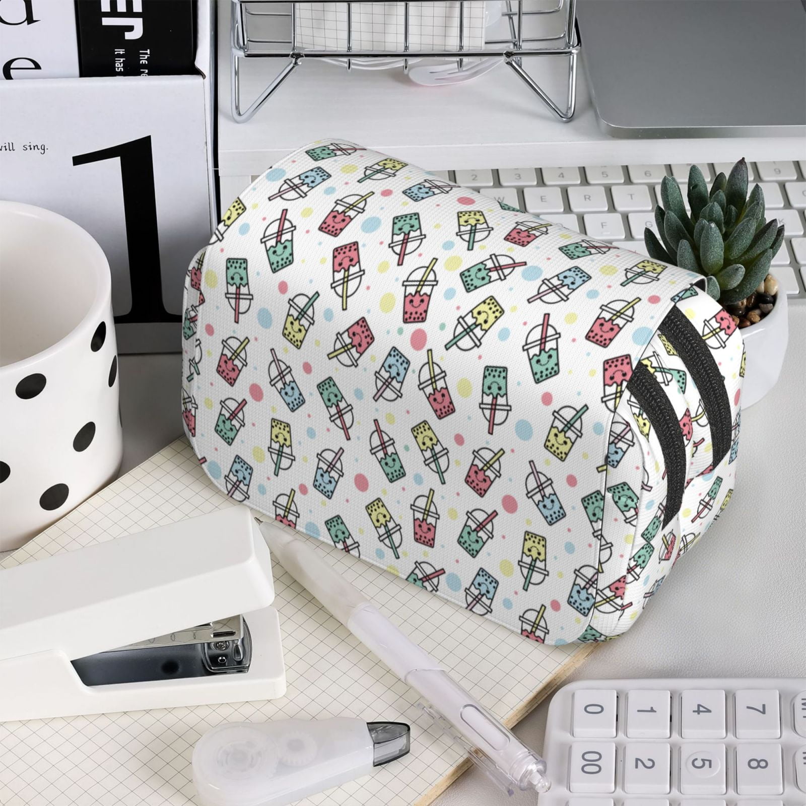 Rateoe Milk Tea2 Pattern Double Clamshell Pen Case, Storage Organizer with Two Zipper Compartments– Holds Up to 50 Pencils & Pens