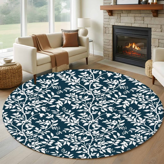 Navy Blue Spring Floral Round Area Rug 5Ft Washable Circle Rugs for Living Room Bedroom, Farmhouse Flowers Elegant Pastoral Non-Slip Carpet Floor Mats Indoor Outdoor Carpet Runner Home Decor