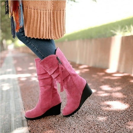 

Foraging dimple Womens Round Toe Casual Shoes Zipper Wedges Boots Warm Shoes Flat Bottom Shoes Watermelon Red