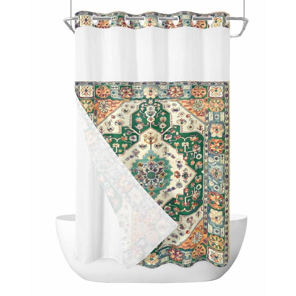 No Hook Cloth Fabric Shower Curtain with Snap in Liner, Green Orange Beige Boho Waterproof Shower Curtains Set with See Through Top Window, Retro Ethnic Tribal Abstract Art Bath Curtains 54"x78"