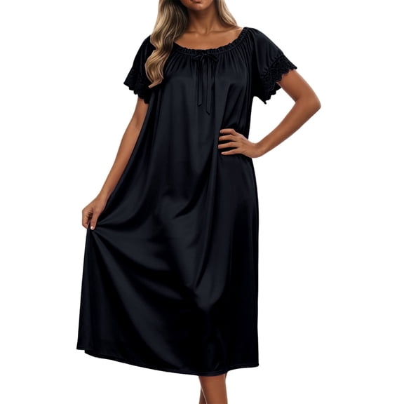 Womens Nightgowns Solid Color Crew Neck Short Sleeve Midi Length Loose Ice Silk Nightdress with Lace Sleeves Black One Size