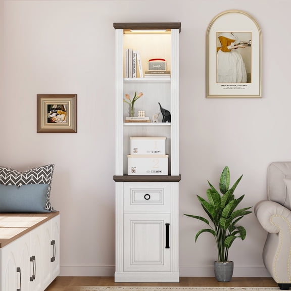 69" Tall Farmhouse Bookshelf with Door and Drawer - 3-Tier Adjustable Shelves White Wooden Storage Cabinet for Home Office, Living Room, Bedroom, White (Left)
