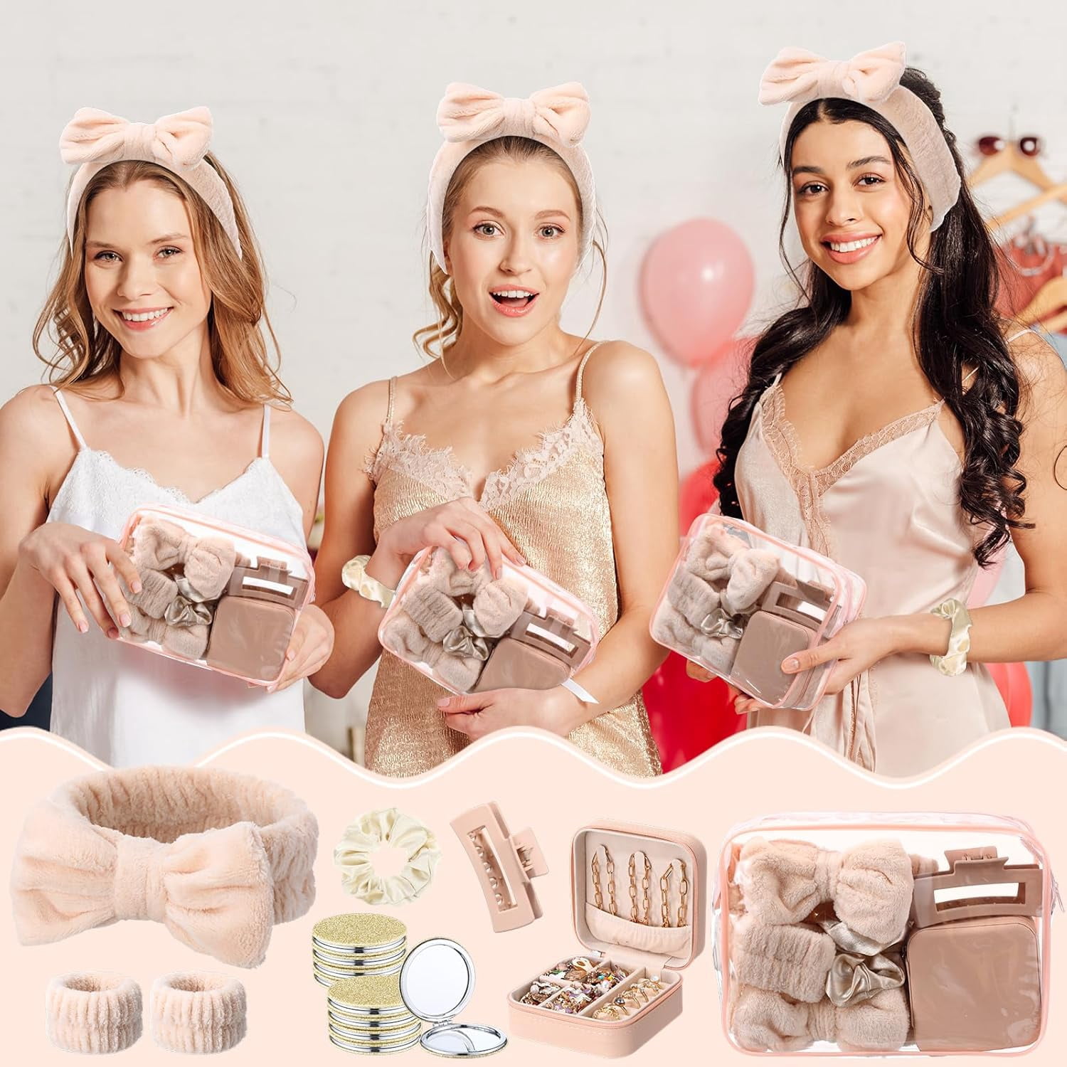 48 Pcs Spa Party Favors Sleepover Supplies Bow Headband Wristband Scrunchies Hair Clip Jewelry  Makeup Bag Mirror for Women Bridesmaid Gifts Graduation Gift (Beige)