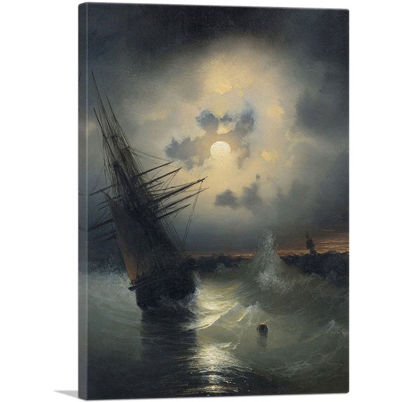 ARTCANVAS A Sailing Ship on a High Sea by Moonlight Canvas Art Print by Ivan Aivazovsky - Size: 26" x 18" (1.50" Deep)