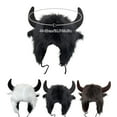 thumbnail image 2 of Ugoldhm Unisex Winter Faux Fur Trapper Hat - Furry Buffalo Style with Horns & Earmuffs, 2 of 7
