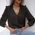 thumbnail image 2 of Top de manga larga para mujer, cuello en V, escote con volantes, patrón de puntos, mangas largas abombadas, Color puro, camisa para mujer para oficina, cita de trabajo, negro L, 2 of 7