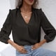 thumbnail image 2 of Top de manga larga para mujer, cuello en V, escote con volantes, patrón de puntos, mangas largas abombadas, Color puro, camisa para mujer para oficina, cita de trabajo, negro M, 2 of 7
