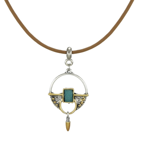 Boho Gold and Silver Tan Leather Cord Vintage Style Pendant Necklace – 18 inch