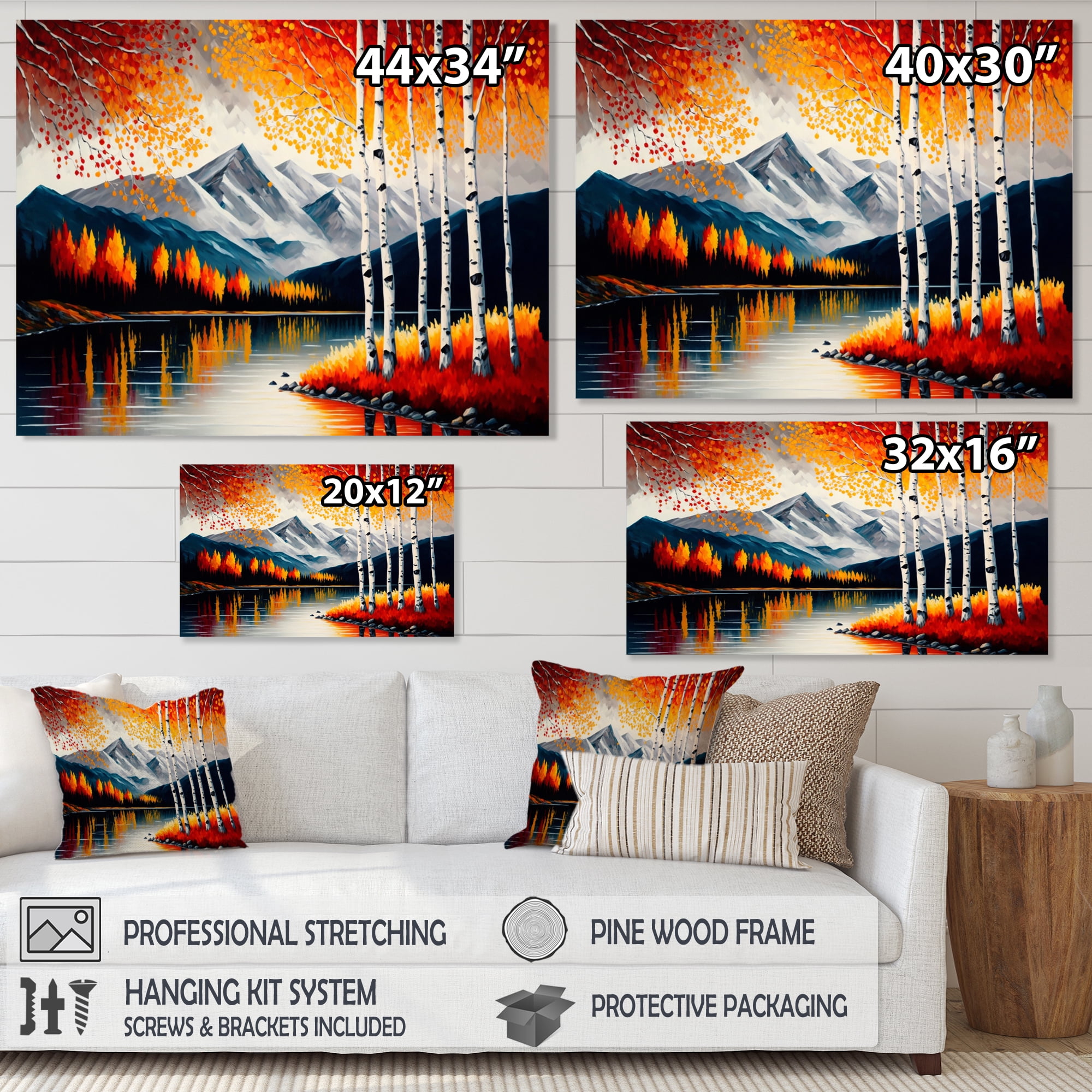 Designart Red And Orange Birch Trees By The Lake III Canvas Wall Art