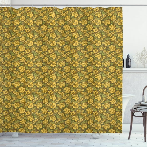 Khaki Shower Curtain, Earth Tones Vintage Floral Repetition with Blooming Petals, Fabric Bathroom Set with Hooks, 69W X 75L Inches Long, Khaki Mustard, by Ambesonne