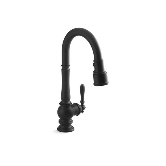 KOHLER Artifacts® Pull Down kitchen sink faucet with Single Hole Install and lever handle, and 3-function sprayhead featuring Sweep(R) and BerrySoft(R) spray, K-99261-BL