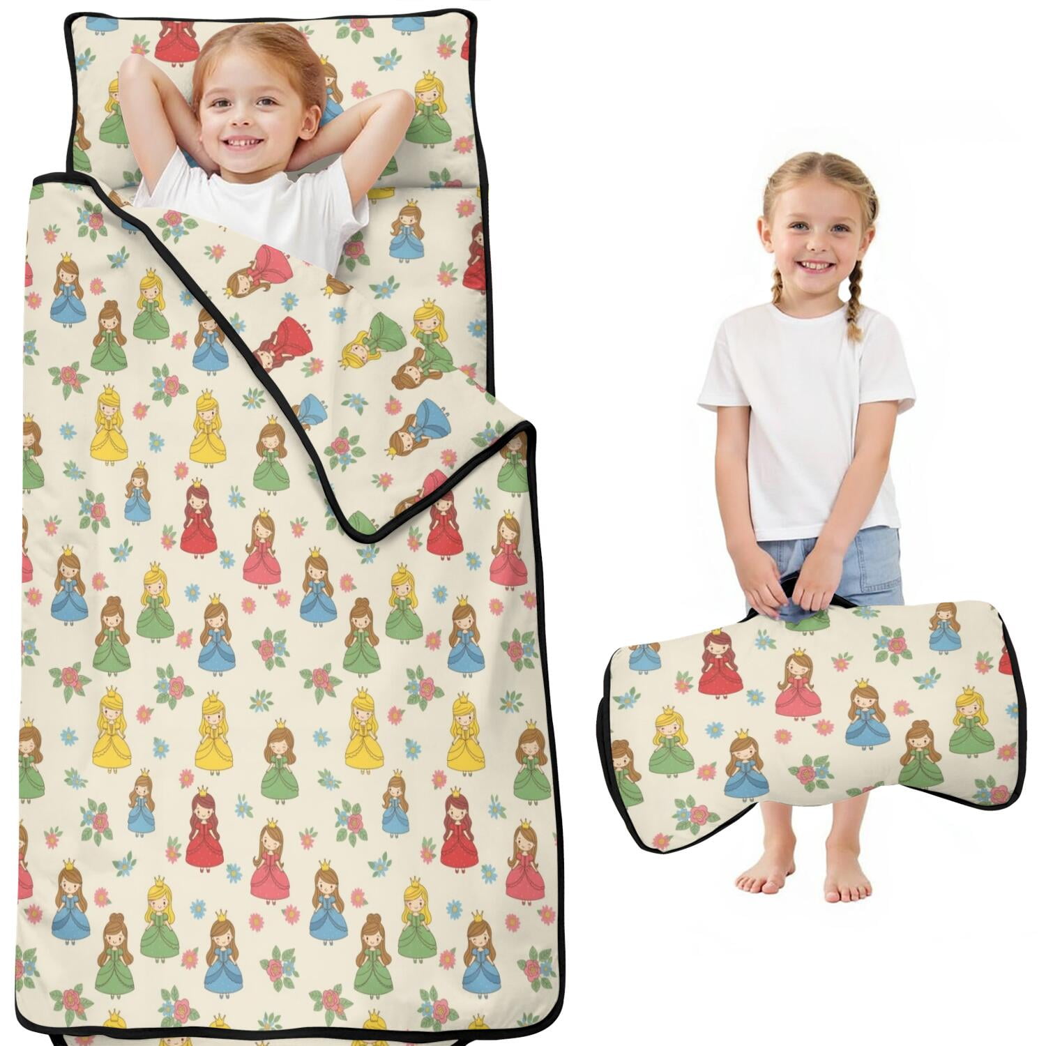 Princess and Flower Beige Pattern Kids Nap Mat Sleeping Mat with Removable Pillow with Handle & Fastening Straps Easy Roll Up Gifts for Daycare Preschool 51 x22