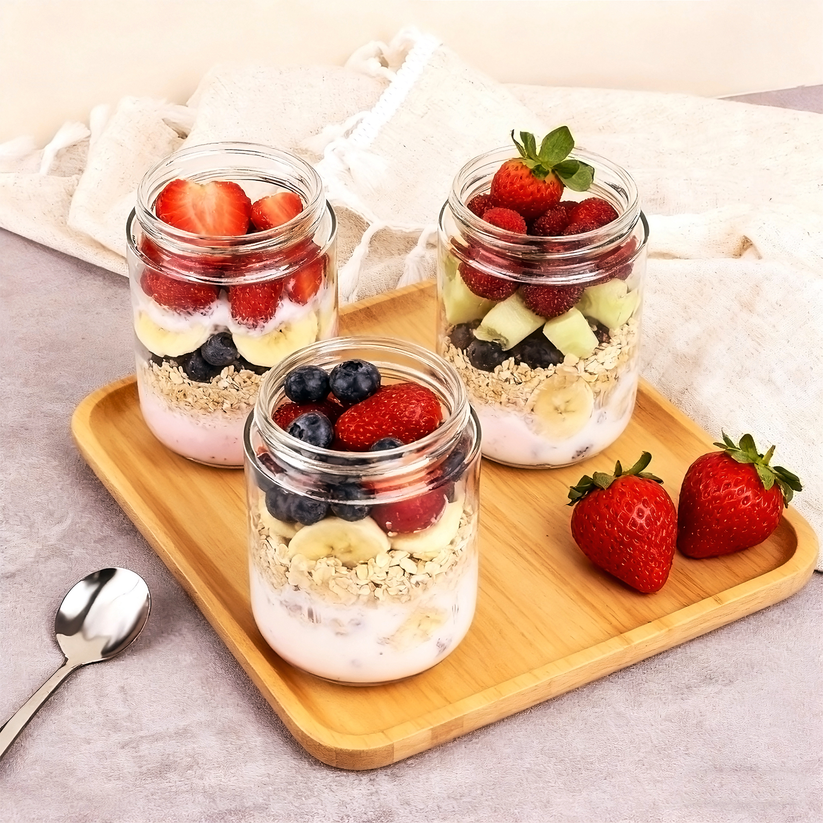 Lumikrypt 6Pack 16Oz Overnight Oats Containers with Bamboo Lids, Glass Jars with Airtight Lids, Glass Food Storage Containers, Ideal for Snacks, Yogurt, Spices, and Sweets