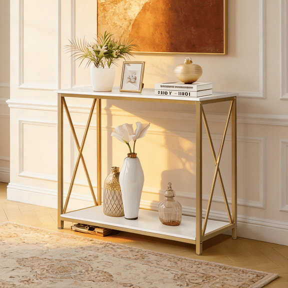 Ktaxon Modern Console Table Golden Sofa Table, X Design TV Table with 2 Tiers Shelves for Entryway Hallway Living Room Bedroom, Study Metal Frame