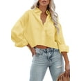 thumbnail image 2 of Langwyqu Turn-Down Collar Women Solid Button Crop Tops Lapel Blouse With Pocket, 2 of 5