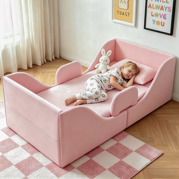 Toddler Bed, Toddler Floor Bed – Low-to-Ground Design with Detachable Guard Rails, Soft Upholstered Transition Bed, Standard Crib Size for kids Ages 1–6