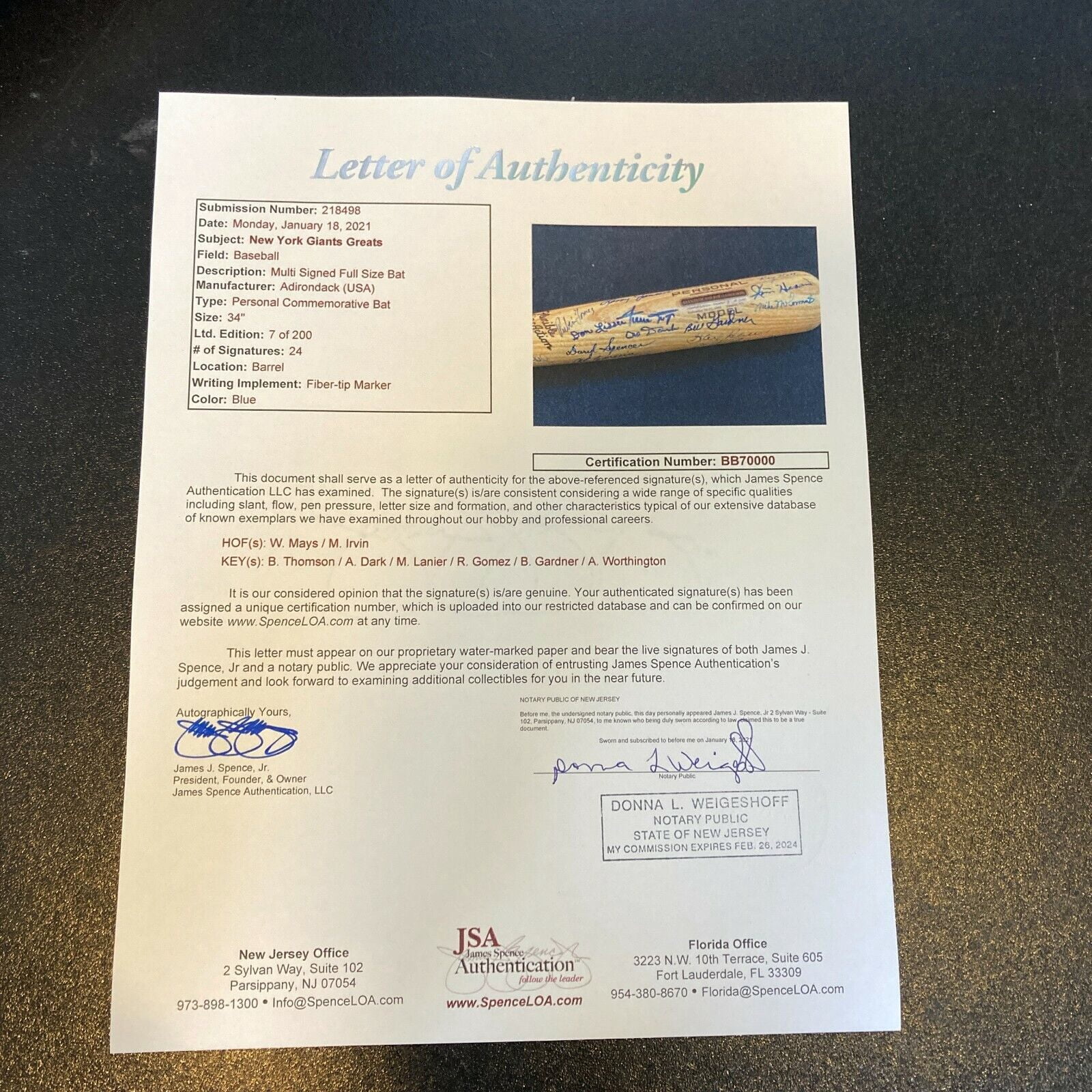 Willie Mays New York Giants Legends Signed Baseball Bat 24 Sigs With JSA COA