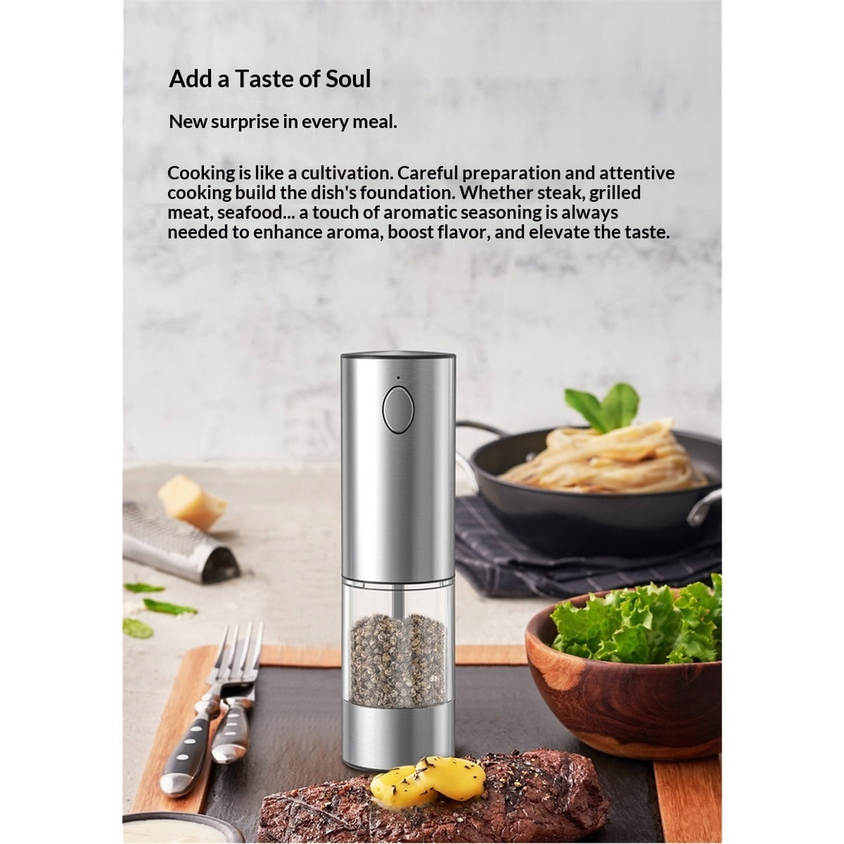 Upgraded Larger Capacity Electric Salt and Pepper Grinder Set, 95ml Rechargeable Salt and Pepper Shaker with LED light, Stainless Steel Automatic Pepper Mill with Adjustable Coarseness