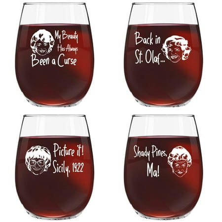 Golden Girls Inspired Stemless Wine Glass Set of 4 (15 oz)- Funny Novelty Glasses for Party, Event, Girls Night- Unique Birthday Gift For Mom, Women Best Friend- Fun Drinking for Bachelorette