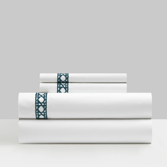 Chic Home Aria 4 Piece Cotton Blend Sheet Set 1500 Thread Count Solid White With Dual Stripe Embroidery Lattice Stitching Details – Includes 1 Flat, 1 Fitted Sheet, and 2 Pillowcases, King, Navy
