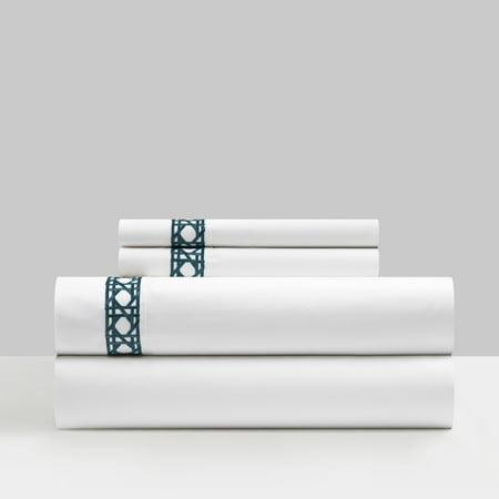 Chic Home Aria 4 Piece Cotton Blend Sheet Set 1500 Thread Count Solid White With Dual Stripe Embroidery Lattice Stitching Details – Includes 1 Flat  1 Fitted Sheet  and 2 Pillowcases  King  Navy