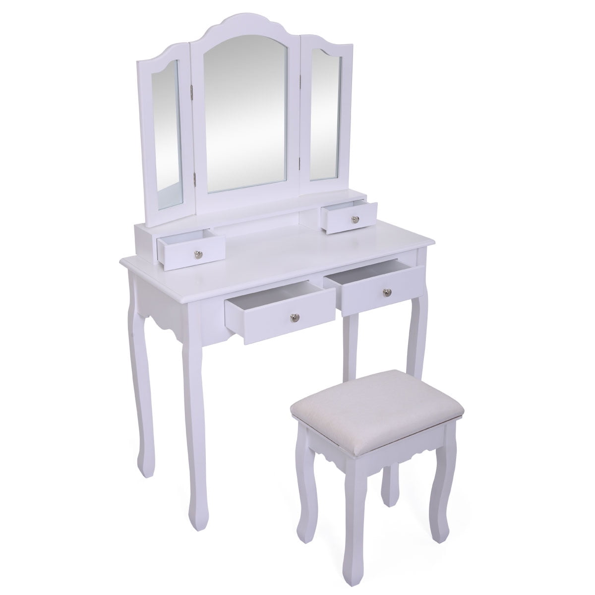 Lowestbest Dressing Table Vanity with Cushioned Stool, White Wooden Dressing Vanity Table Desk for Bedroom, Bathroom, Closet, Hallway, Makeup Table with 3 Mirrors and 4 Storage Drawers Lowestbest Dressing Table Vanity with Cushioned Stool, White Wooden Dressing Vanity Table Desk for Bedroom, Bathroom, Closet, Hallway, Makeup Table with 3 Mirrors and 4 Storage Drawers